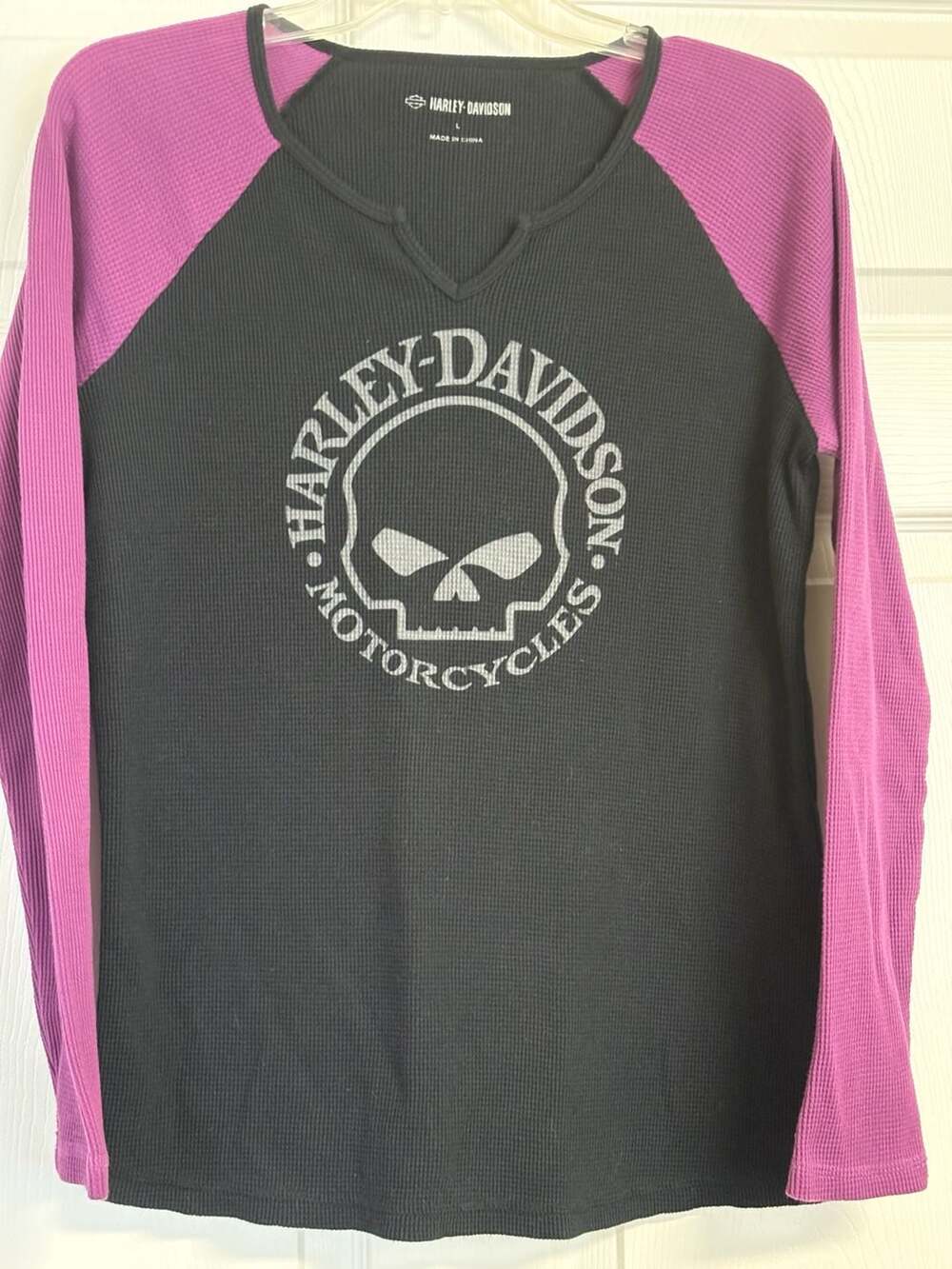 Vintage Harley-Davidson Women's Willie G Skull Waffle Thermal Raglan Top size L